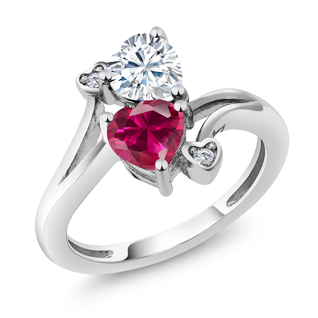 10K White Gold Double Heart Gemstone Birthstone & Diamond Accent Ring for Women | Heart Shape 6MM | Round 1.5MM | Gift Promise Anniversary Ring