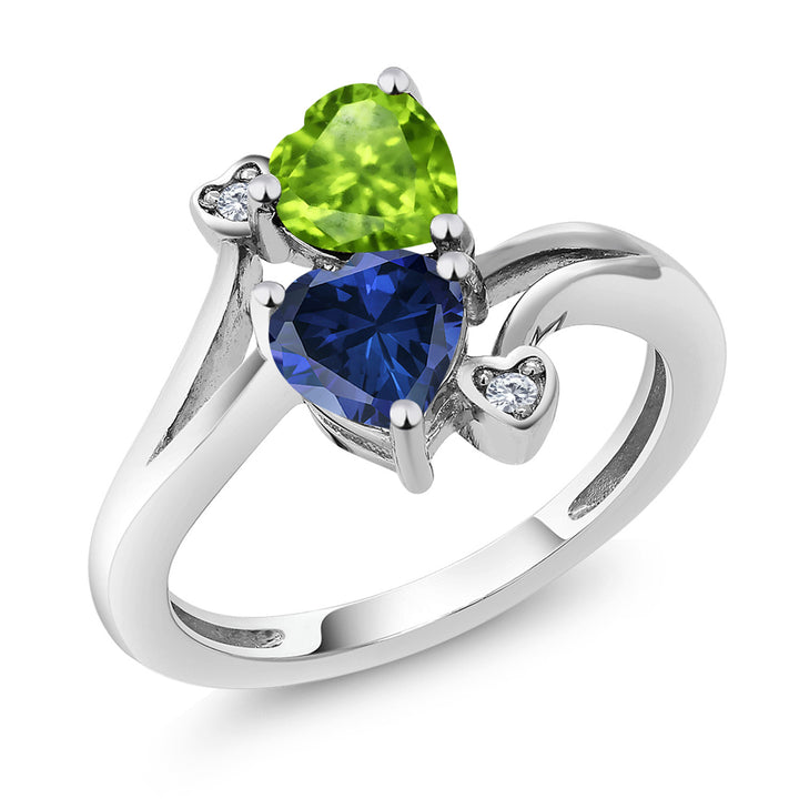 10K White Gold Double Heart Peridot and Created Sapphire and Diamond Ring for Women | 1.66 Cttw |  6MM Heart Shape Gemstone Birthstone & Round 1.5MM | Promise Anniversary Ring
