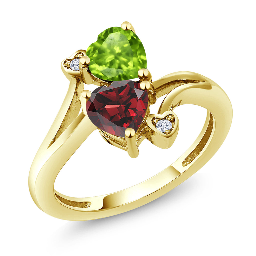 Gem Stone King 10K Yellow Gold Green Peridot and Red Garnet Ring For Women (1.76 Cttw, Heart Shape 6MM, Gemstone Birthstone)