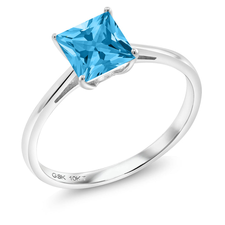 10K White Gold Swiss Blue Topaz Solitaire Engagement Ring | 1.16 Cttw | Princess Cut 6MM | Gemstone Birthstone | Wedding Engagement Anniversary Promise Ring For Women