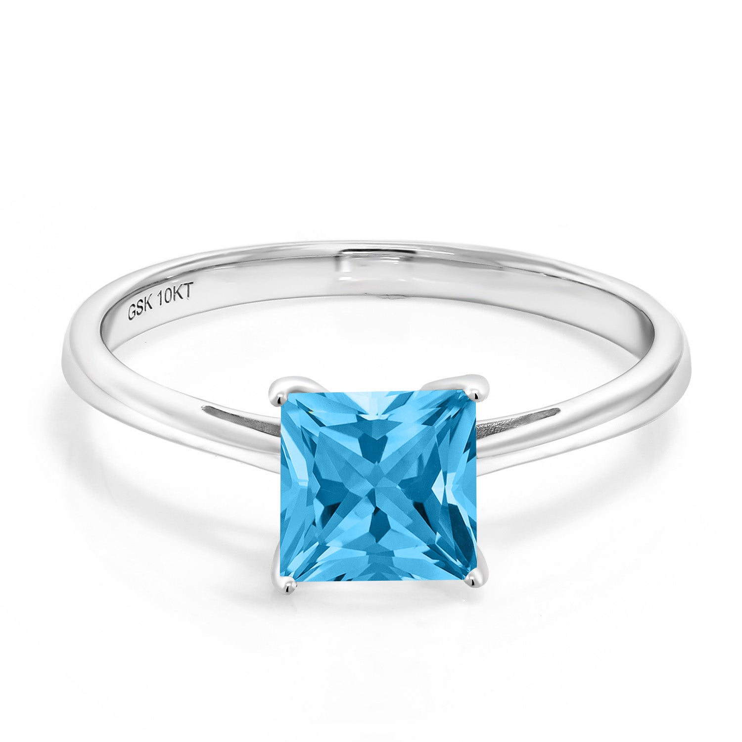 10K White Gold Swiss Blue Topaz Solitaire Engagement Ring | 1.16 Cttw | Princess Cut 6MM | Gemstone Birthstone | Wedding Engagement Anniversary Promise Ring For Women