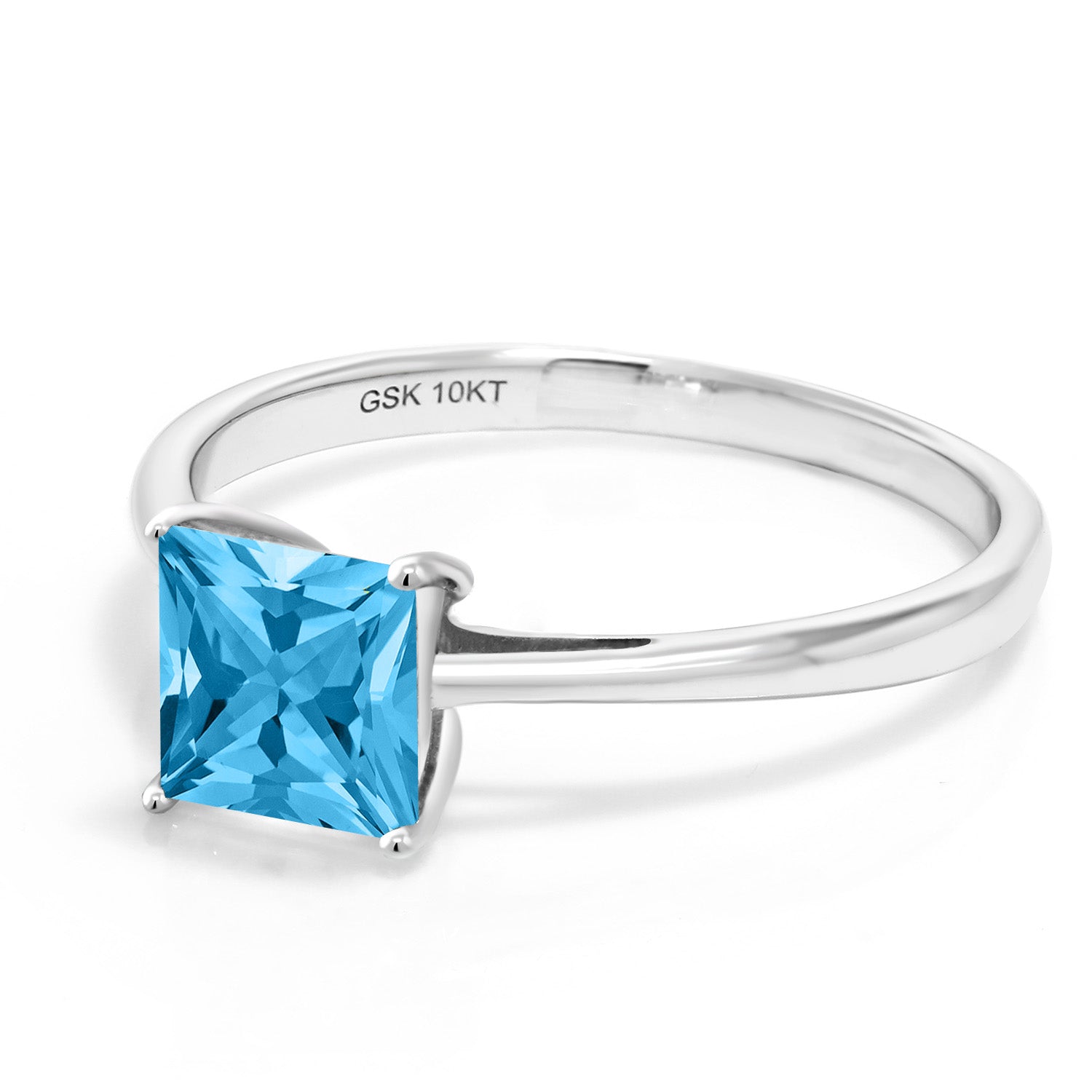 10K White Gold Swiss Blue Topaz Solitaire Engagement Ring | 1.16 Cttw | Princess Cut 6MM | Gemstone Birthstone | Wedding Engagement Anniversary Promise Ring For Women