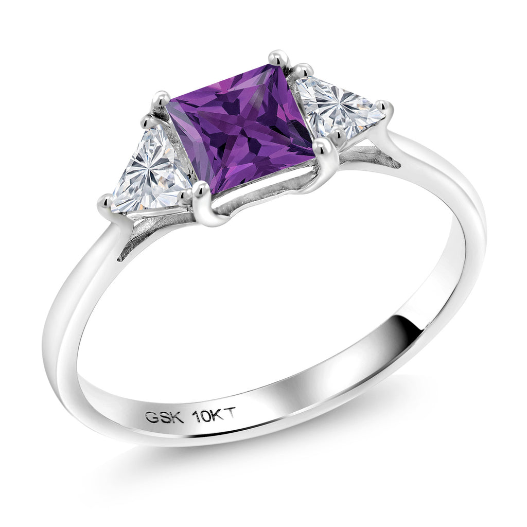 7_10K White Gold Purple Amethyst and Lab Grown Diamond 3 Stone Engagement Ring For Women | 0.93 Cttw | Princess 5MM | Gemstone February Birthstone | Size 7