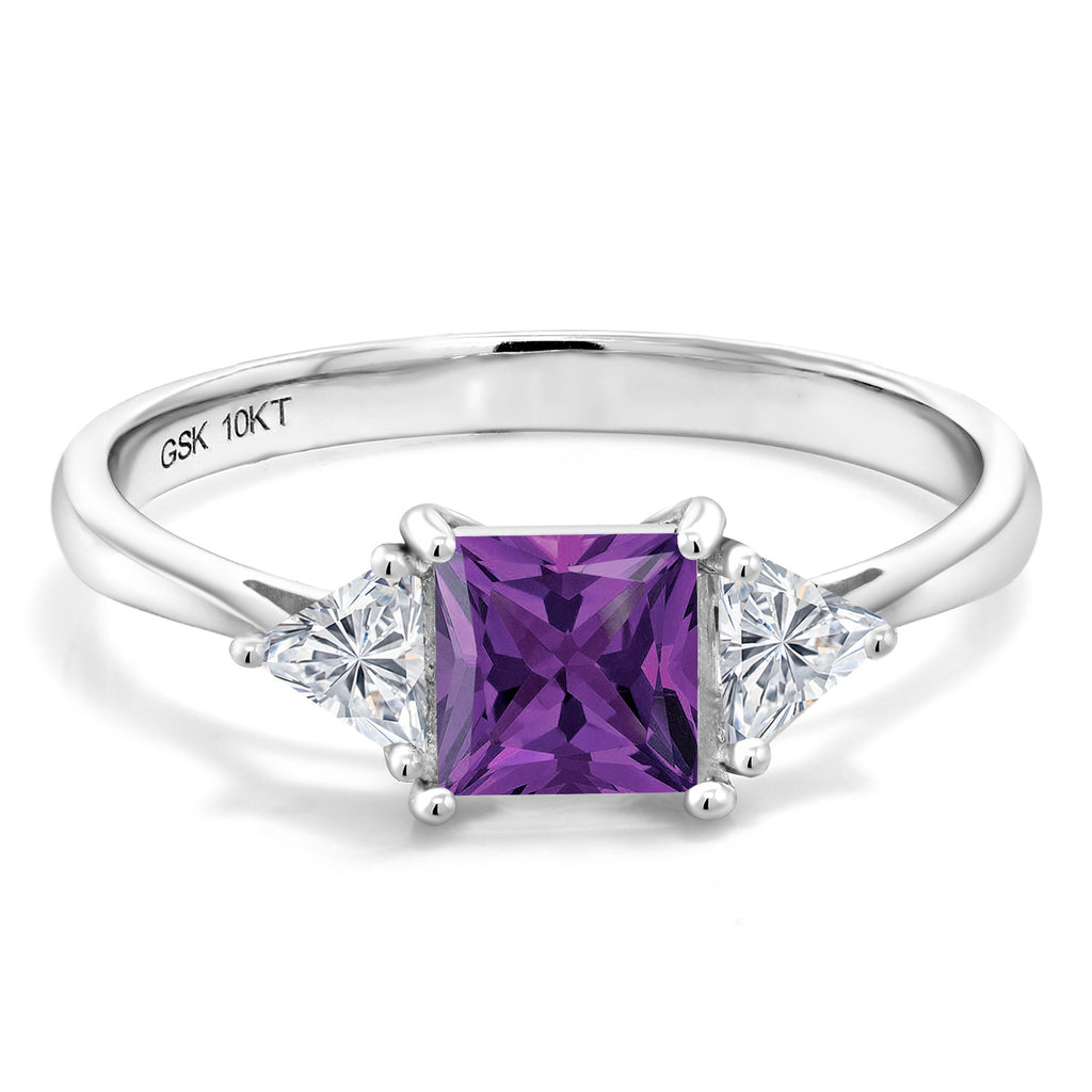 10K White Gold Purple Amethyst and Lab Grown Diamond 3 Stone Engagement Ring For Women | 0.93 Cttw | Princess 5MM | Gemstone February Birthstone | Available in Size 5,6,7,8,9