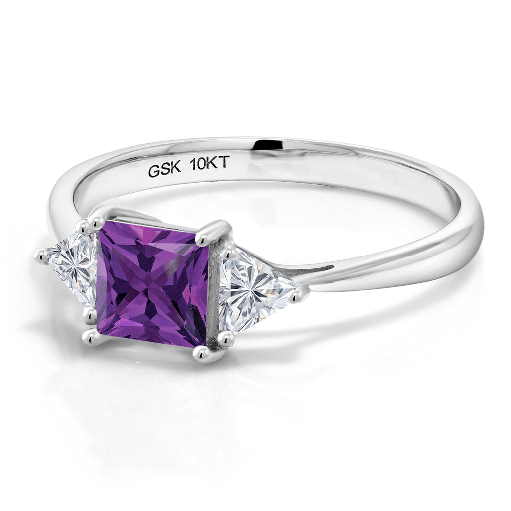 10K White Gold Purple Amethyst and Lab Grown Diamond 3 Stone Engagement Ring For Women | 0.93 Cttw | Princess 5MM | Gemstone February Birthstone | Available in Size 5,6,7,8,9