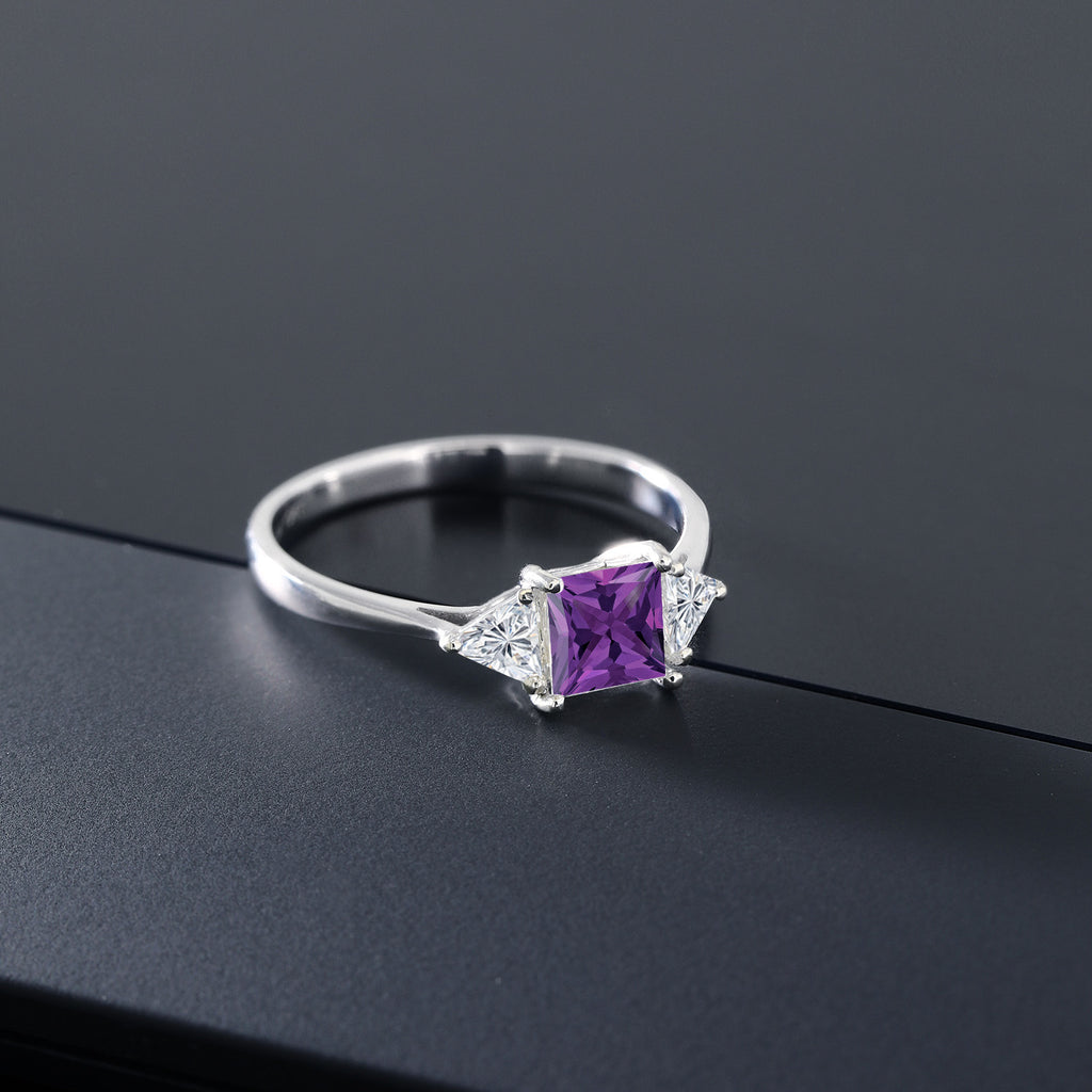 10K White Gold Purple Amethyst and Lab Grown Diamond 3 Stone Engagement Ring For Women | 0.93 Cttw | Princess 5MM | Gemstone February Birthstone | Available in Size 5,6,7,8,9