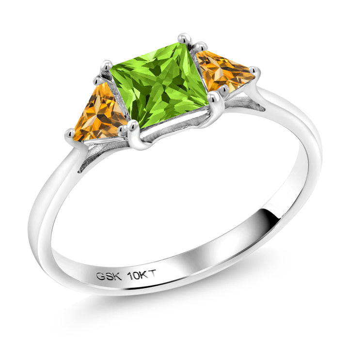 10K White Gold Green Peridot and Yellow Citrine 3 Stone Engagement Ring For Women (1.01 Cttw, Gemstone August Birthstone, Princess Center 5MM, Trillion 3.5MM)