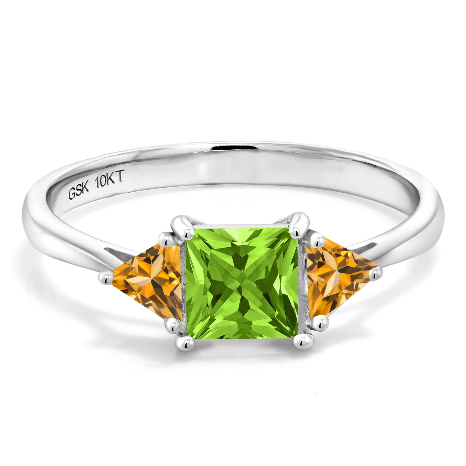 10K White Gold Green Peridot and Yellow Citrine 3 Stone Engagement Ring For Women (1.01 Cttw, Gemstone August Birthstone, Princess Center 5MM, Trillion 3.5MM)