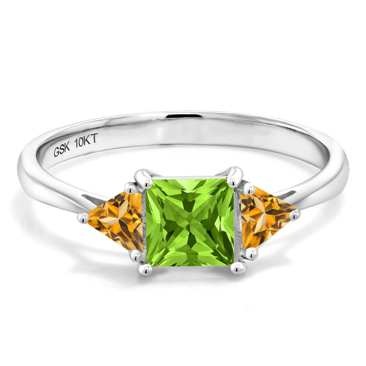 10K White Gold Green Peridot and Yellow Citrine 3 Stone Engagement Ring For Women (1.01 Cttw, Gemstone August Birthstone, Princess Center 5MM, Trillion 3.5MM)