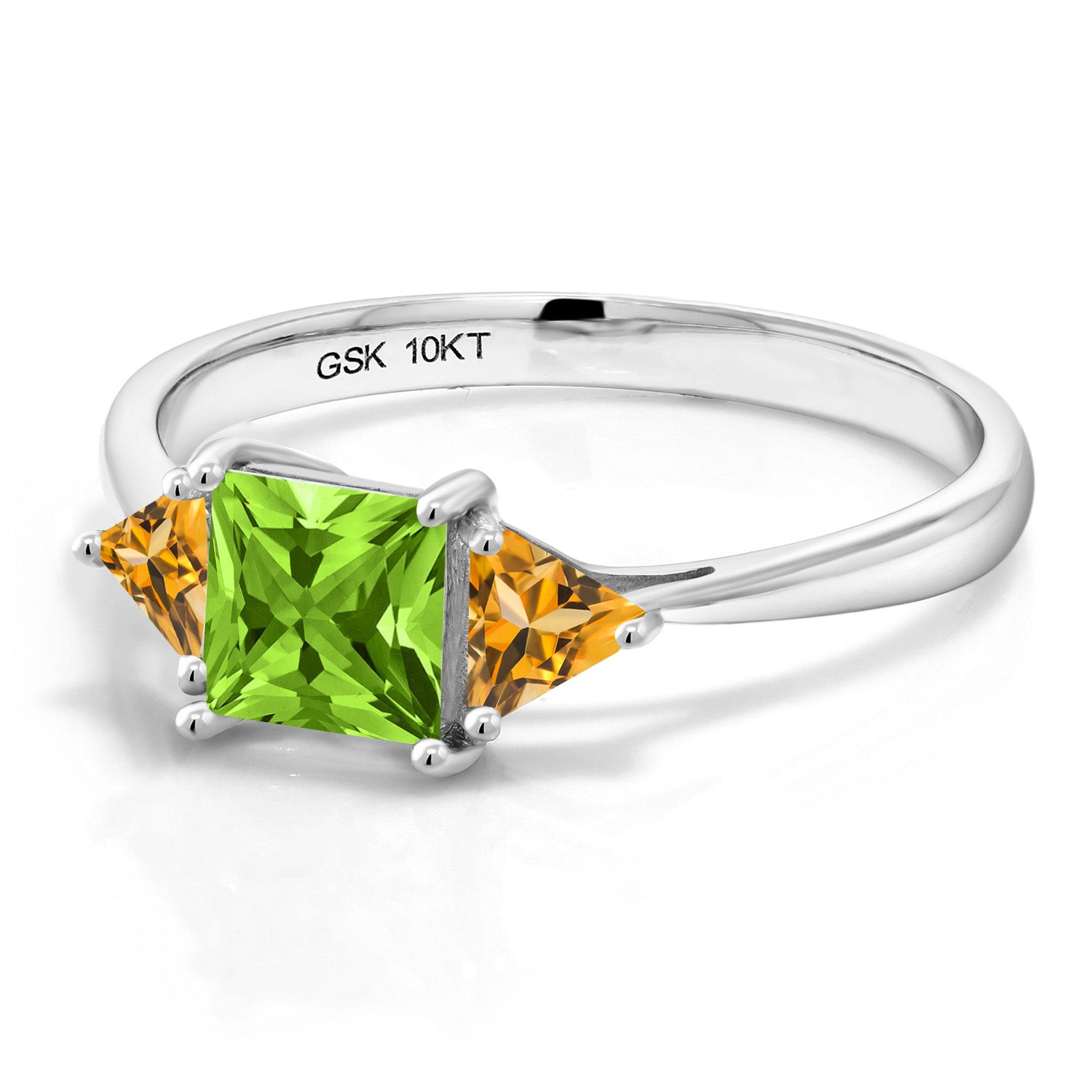 10K White Gold Green Peridot and Yellow Citrine 3 Stone Engagement Ring For Women (1.01 Cttw, Gemstone August Birthstone, Princess Center 5MM, Trillion 3.5MM)