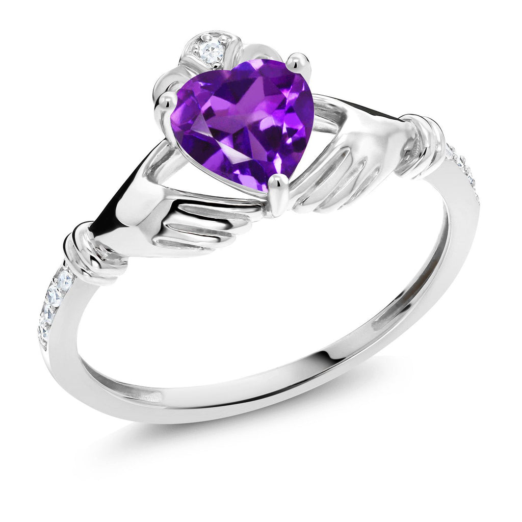 Gem Stone King 6MM Heart Shape Gemstone Birthstone and White Diamond Irish Celtic Claddagh Engagement Ring | 10K White Gold | Gold Ring For Women | Size 5-9