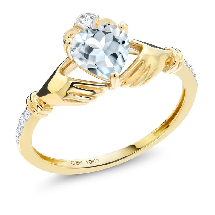 Gem Stone King 10K Yellow Gold 6MM Heart Shape Gemstone Birthstone and White Diamond Irish Celtic Claddagh Engagement Ring | Gold Ring For Women | Sizes 5 to 9