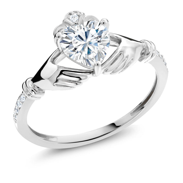 Gem Stone King 6MM Heart Shape Gemstone Birthstone and White Diamond Irish Celtic Claddagh Engagement Ring | 10K White Gold | Gold Ring For Women | Size 5-9