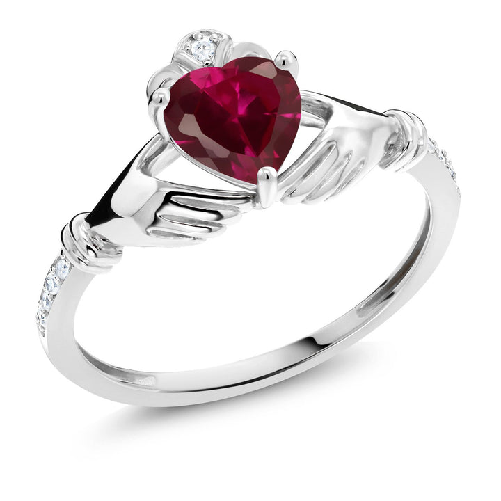 Gem Stone King 6MM Heart Shape Gemstone Birthstone and White Diamond Irish Celtic Claddagh Engagement Ring | 10K White Gold | Gold Ring For Women | Size 5-9