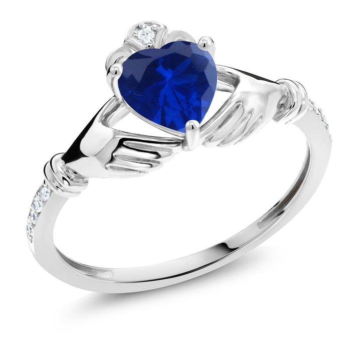 Gem Stone King 6MM Heart Shape Gemstone Birthstone and White Diamond Irish Celtic Claddagh Engagement Ring | 10K White Gold | Gold Ring For Women | Size 5-9
