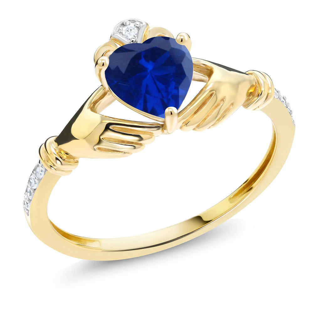 Gem Stone King 10K Yellow Gold 6MM Heart Shape Gemstone Birthstone and White Diamond Irish Celtic Claddagh Engagement Ring | Gold Ring For Women | Sizes 5 to 9