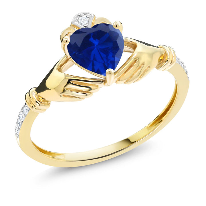 Gem Stone King 10K Yellow Gold 6MM Heart Shape Gemstone Birthstone and White Diamond Irish Celtic Claddagh Engagement Ring | Gold Ring For Women | Sizes 5 to 9