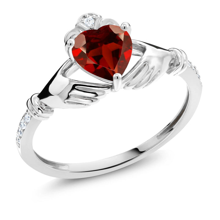 Gem Stone King 6MM Heart Shape Gemstone Birthstone and White Diamond Irish Celtic Claddagh Engagement Ring | 10K White Gold | Gold Ring For Women | Size 5-9