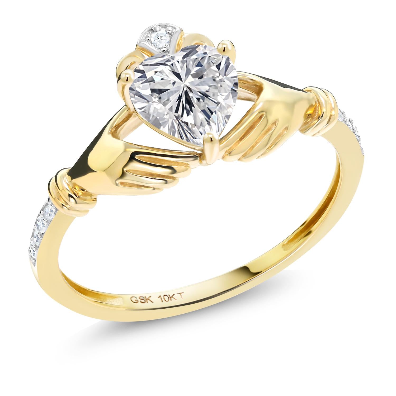 10K Yellow Gold IGI Certified Lab Grown Diamond Irish Celtic Claddagh Engagement Ring For Women | 1.09 Cttw | Center Diamond Heart Shape 1 Ct | F-G Color | VS1 Clarity | Available in Size 5 to 9