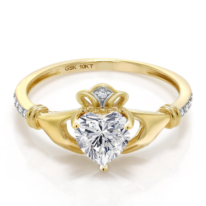 10K Yellow Gold IGI Certified Lab Grown Diamond Irish Celtic Claddagh Engagement Ring For Women | 1.09 Cttw | Center Diamond Heart Shape 1 Ct | F-G Color | VS1 Clarity | Available in Size 5 to 9