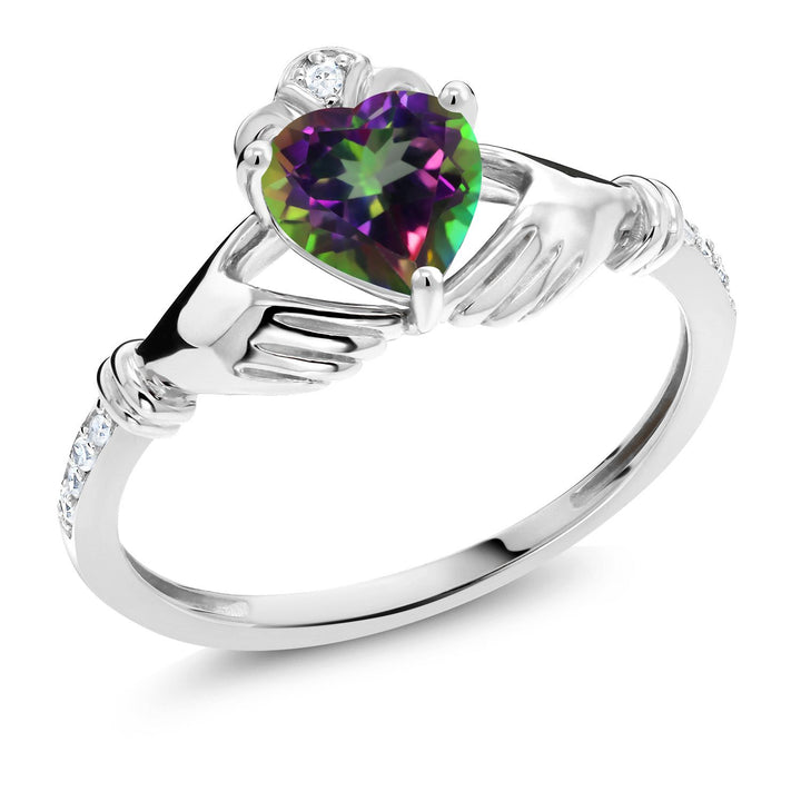 Gem Stone King 6MM Heart Shape Gemstone Birthstone and White Diamond Irish Celtic Claddagh Engagement Ring | 10K White Gold | Gold Ring For Women | Size 5-9