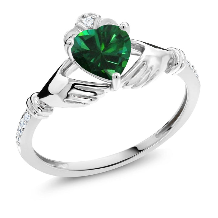 Gem Stone King 6MM Heart Shape Gemstone Birthstone and White Diamond Irish Celtic Claddagh Engagement Ring | 10K White Gold | Gold Ring For Women | Size 5-9