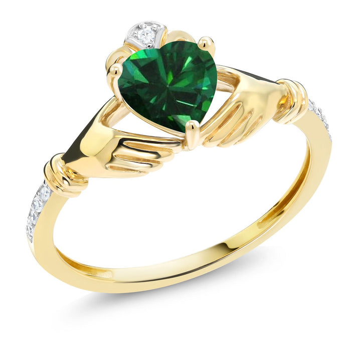 Gem Stone King 10K Yellow Gold 6MM Heart Shape Gemstone Birthstone and White Diamond Irish Celtic Claddagh Engagement Ring | Gold Ring For Women | Sizes 5 to 9
