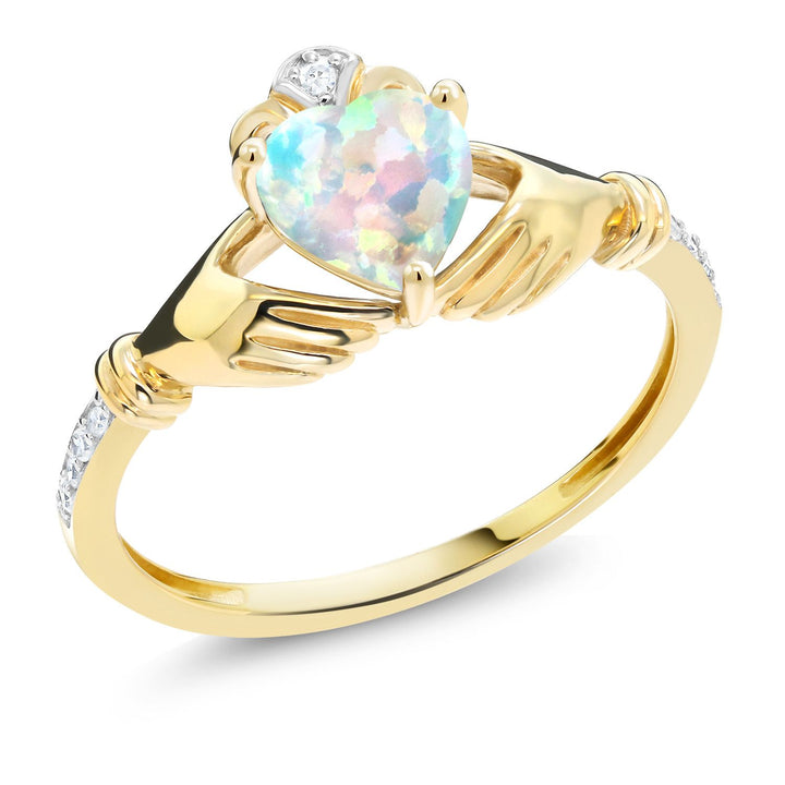 Gem Stone King 10K Yellow Gold 6MM Heart Shape Gemstone Birthstone and White Diamond Irish Celtic Claddagh Engagement Ring | Gold Ring For Women | Sizes 5 to 9