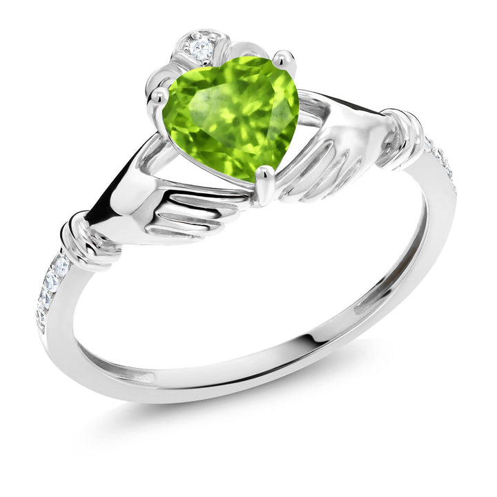 Gem Stone King 6MM Heart Shape Gemstone Birthstone and White Diamond Irish Celtic Claddagh Engagement Ring | 10K White Gold | Gold Ring For Women | Size 5-9