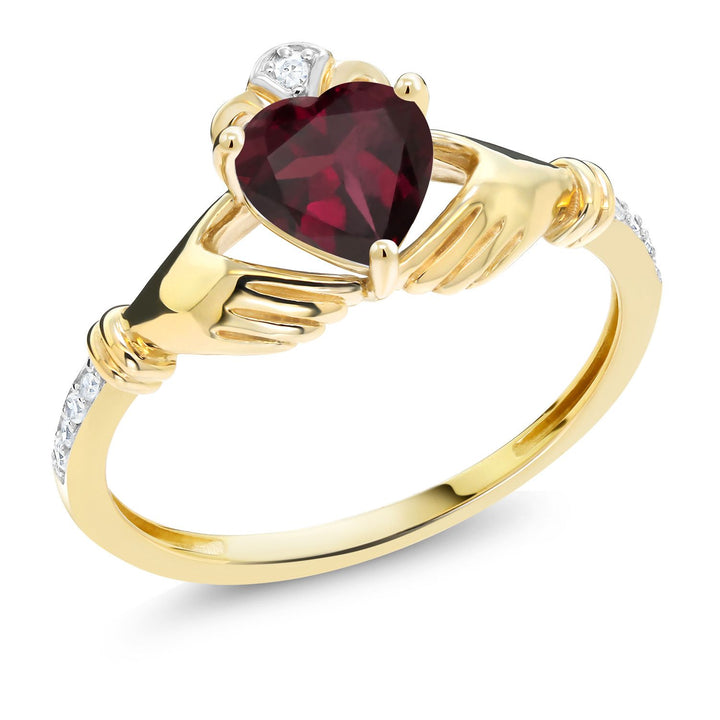 Gem Stone King 10K Yellow Gold 6MM Heart Shape Gemstone Birthstone and White Diamond Irish Celtic Claddagh Engagement Ring | Gold Ring For Women | Sizes 5 to 9