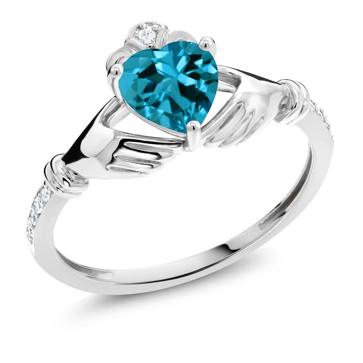 Gem Stone King 6MM Heart Shape Gemstone Birthstone and White Diamond Irish Celtic Claddagh Engagement Ring | 10K White Gold | Gold Ring For Women | Size 5-9