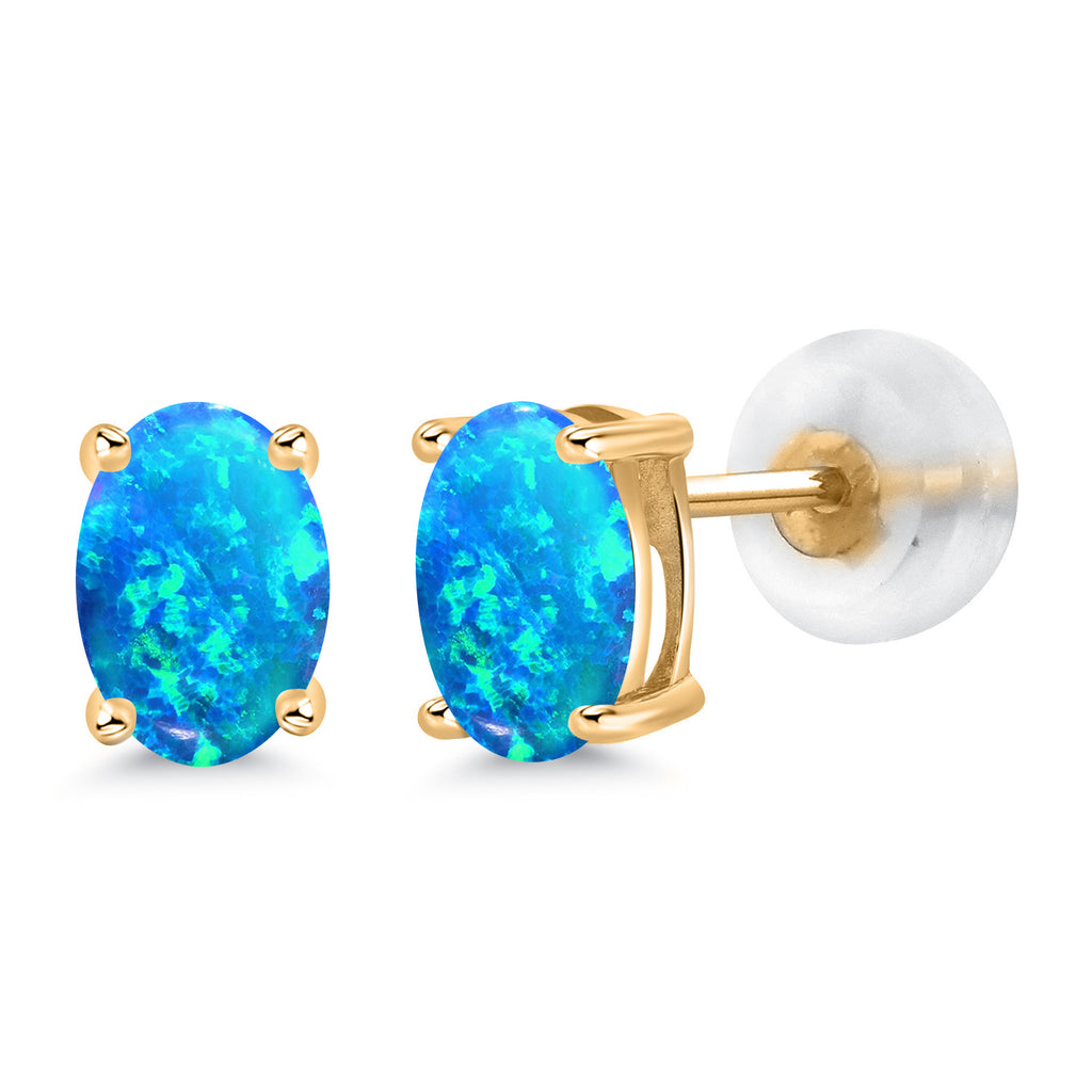 Blue Simulated Opal-Cabochon - October_14K Yellow Gold_Earrings in 14K Yellow Gold