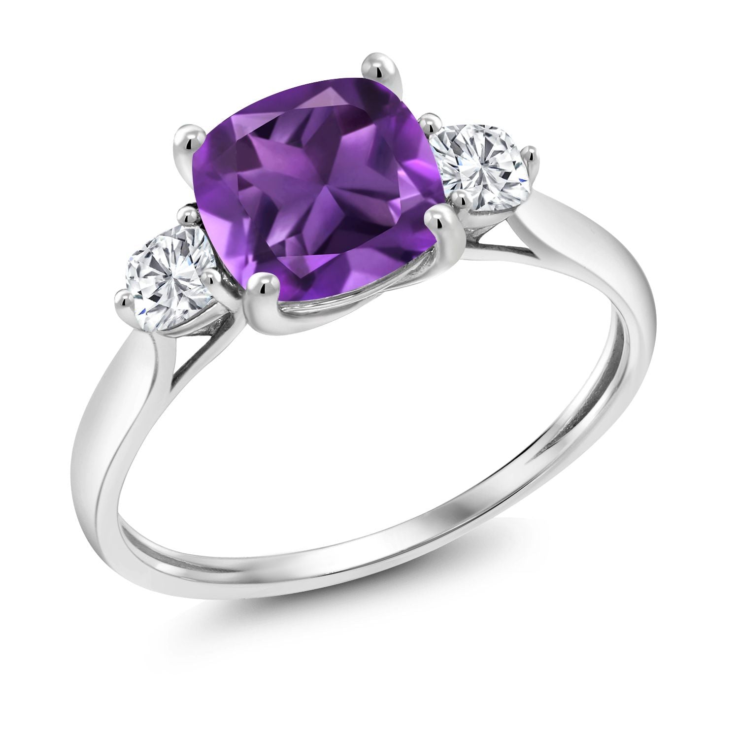 1.66 Cttw 10K White Gold Purple Amethyst and White Moissanite 3-Stone Engagement Ring | Three Stone Wedding Anniversary Promise Ring For Women | Size 5,6,7,8,9