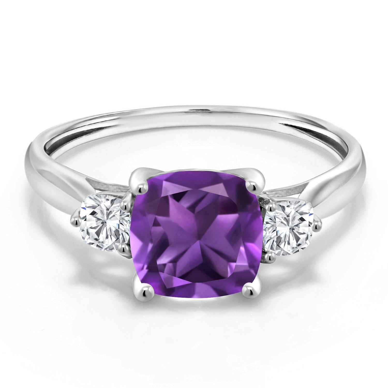 1.66 Cttw 10K White Gold Purple Amethyst and White Moissanite 3-Stone Engagement Ring | Three Stone Wedding Anniversary Promise Ring For Women | Size 5,6,7,8,9