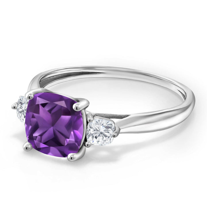 1.66 Cttw 10K White Gold Purple Amethyst and White Moissanite 3-Stone Engagement Ring | Three Stone Wedding Anniversary Promise Ring For Women | Size 5,6,7,8,9