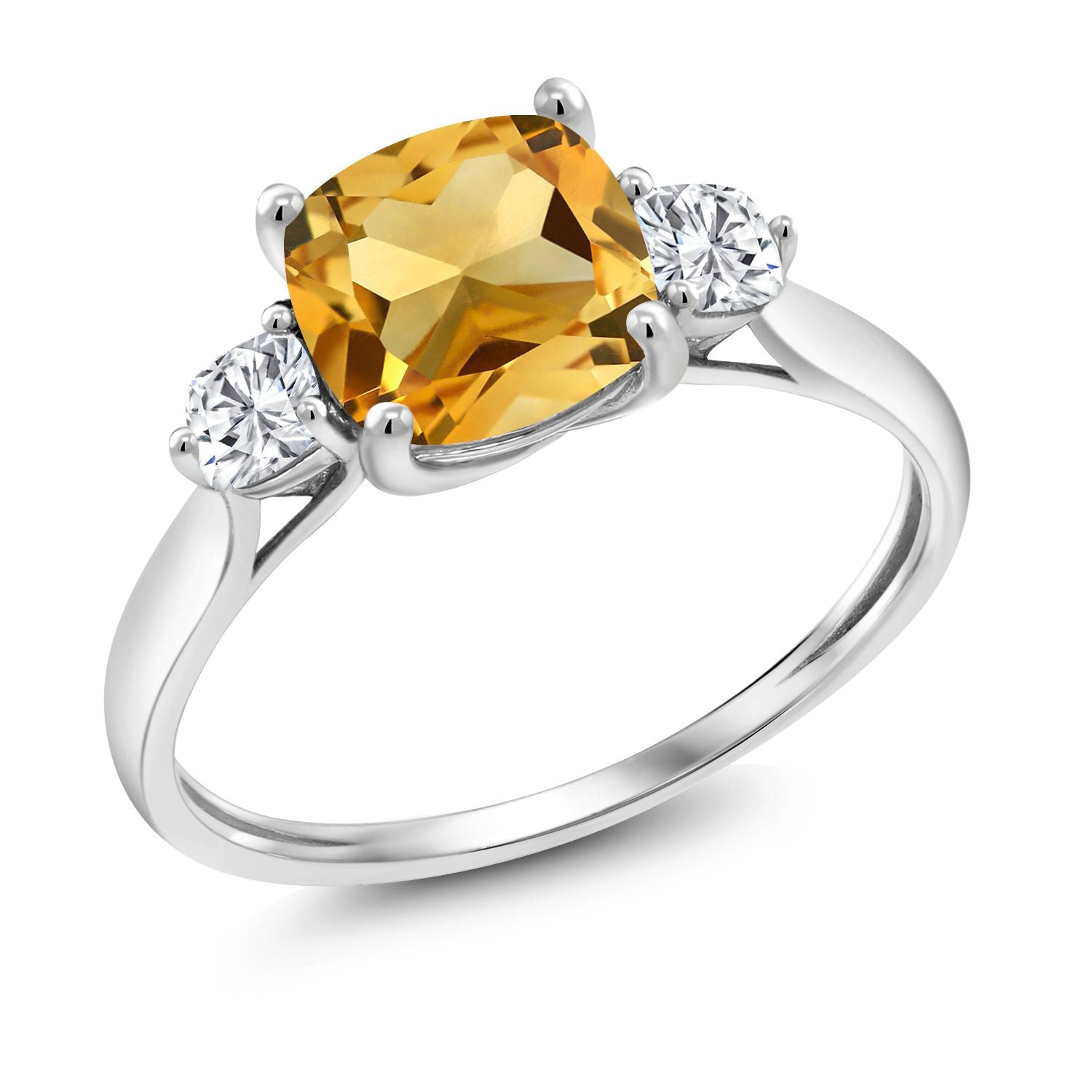 10K White Gold Yellow Citrine and White Moissanite 3 Stone Engagement Ring For Women | 1.66 Cttw, Cushion 7MM | Three Stone Wedding Anniversary Promise Ring For Women