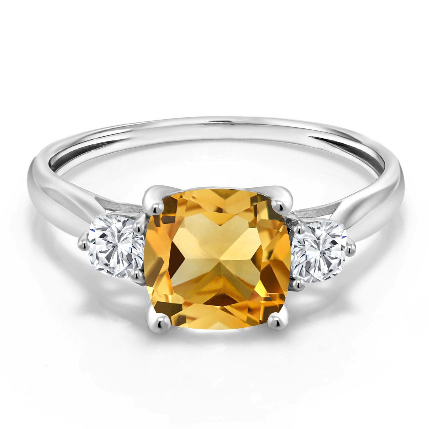 10K White Gold Yellow Citrine and White Moissanite 3 Stone Engagement Ring For Women | 1.66 Cttw, Cushion 7MM | Three Stone Wedding Anniversary Promise Ring For Women