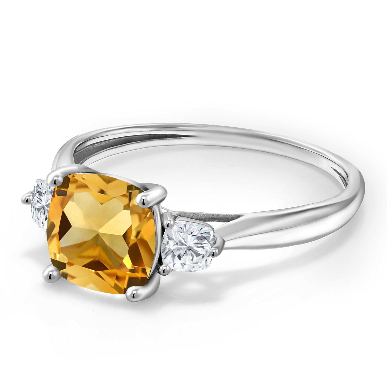 10K White Gold Yellow Citrine and White Moissanite 3 Stone Engagement Ring For Women | 1.66 Cttw, Cushion 7MM | Three Stone Wedding Anniversary Promise Ring For Women