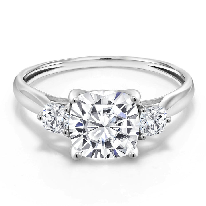 Gem Stone King 1.96 Cttw 10K White Gold White Moissanite 3-Stone Engagement Ring | Cushion 7MM and 3MM | Three Stone Wedding Anniversary Promise Ring For Women | Size 5-9.5