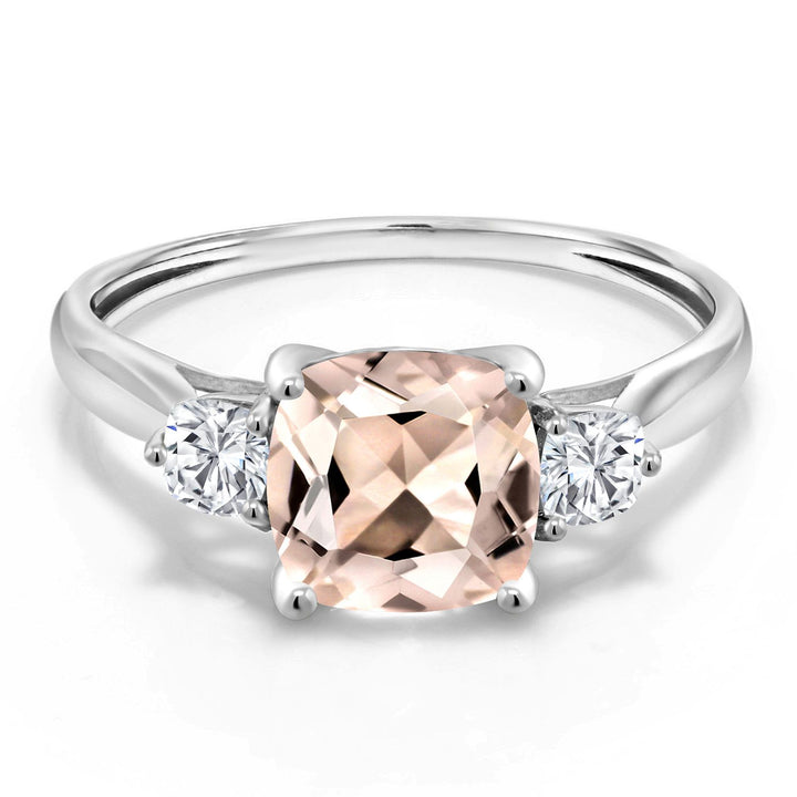 Gem Stone King 10K White Gold Peach Morganite and Moissanite 3-Stone Engagement Ring For Women | 1.56 Cttw | Cushion 7MM | Gemstone Birthstone | Three Stone Wedding Anniversary Promise Ring