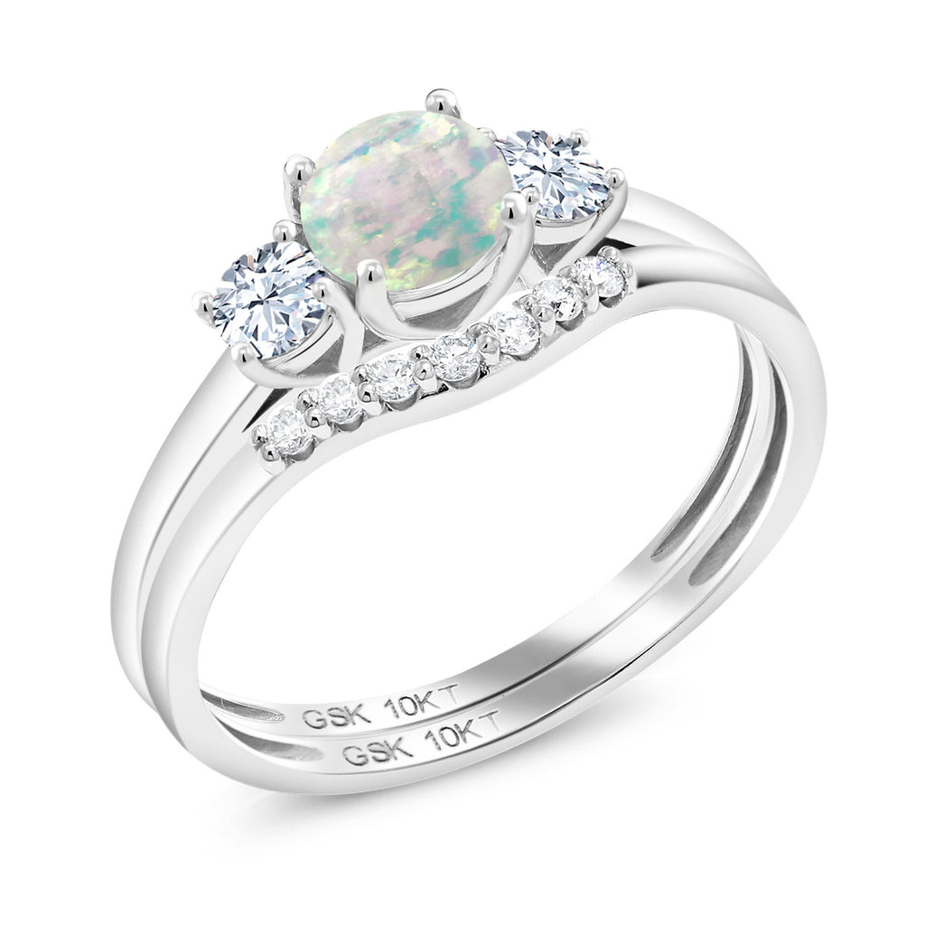White Simulated Opal-Cabochon - October_5_Ring in 10K White Gold