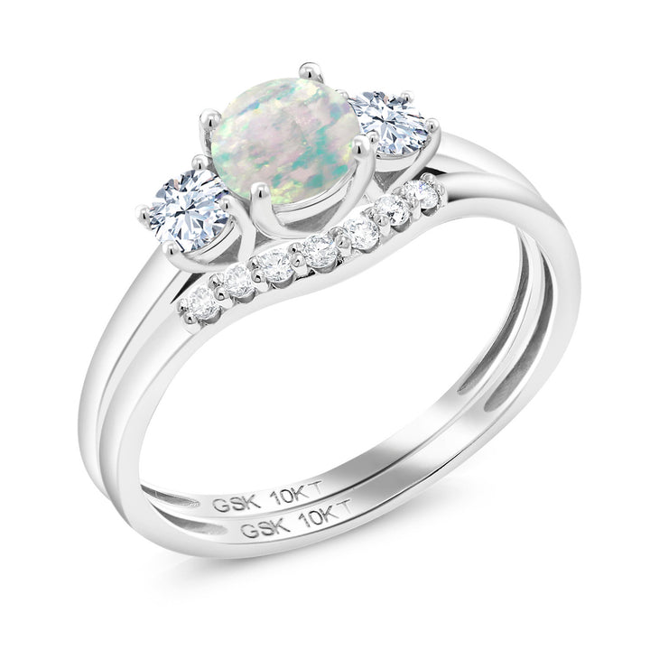 White Simulated Opal-Cabochon - October_5_Ring in 10K White Gold