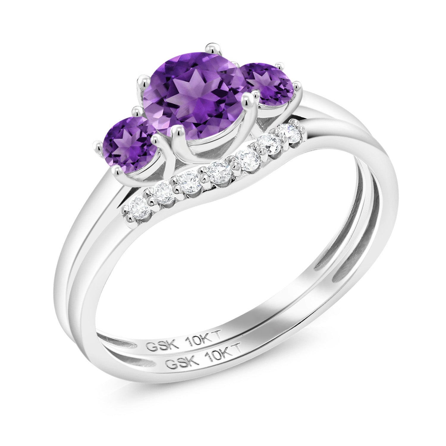 10K White Gold Purple Amethyst and White Lab Grown Diamond Engagement Ring | 3-Stone Bridal Wedding Ring Set For Women | 0.72 Cttw | Available in Size 5,6,7,8,9