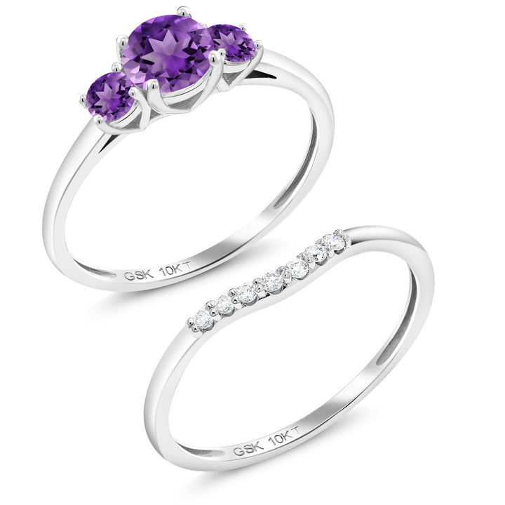 10K White Gold Purple Amethyst and White Lab Grown Diamond Engagement Ring | 3-Stone Bridal Wedding Ring Set For Women | 0.72 Cttw | Available in Size 5,6,7,8,9