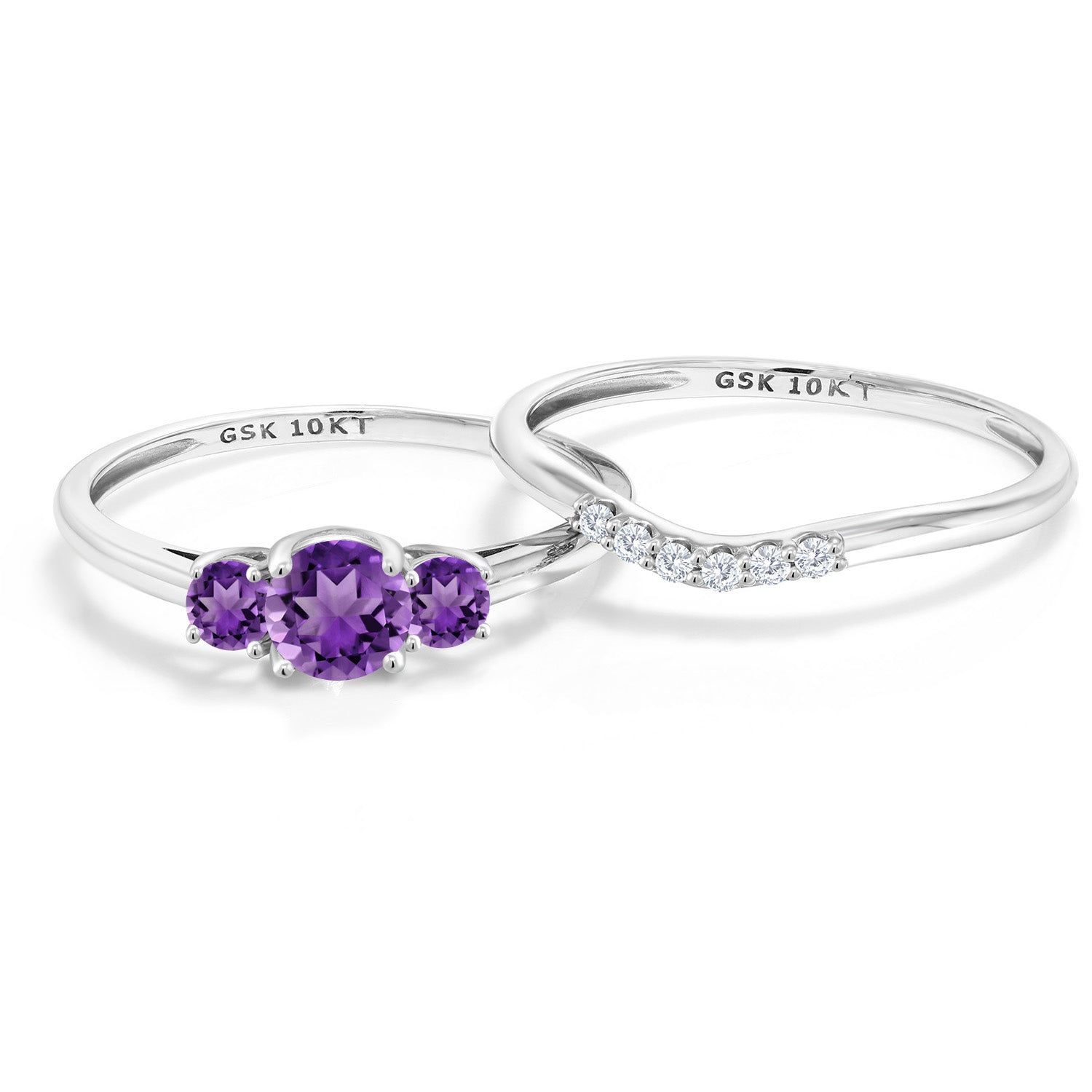 10K White Gold Purple Amethyst and White Lab Grown Diamond Engagement Ring | 3-Stone Bridal Wedding Ring Set For Women | 0.72 Cttw | Available in Size 5,6,7,8,9