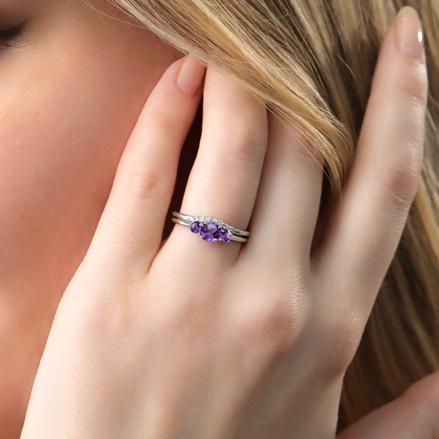 10K White Gold Purple Amethyst and White Lab Grown Diamond Engagement Ring | 3-Stone Bridal Wedding Ring Set For Women | 0.72 Cttw | Available in Size 5,6,7,8,9