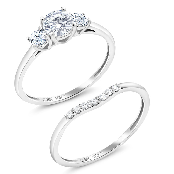 10K White Gold MoissaniteWhite Created Sapphire and Lab Grown Diamond 3-Stone Bridal Engagement Wedding Ring Set For Women | 0.83 Cttw | Available in Size 5,6,7,8,9