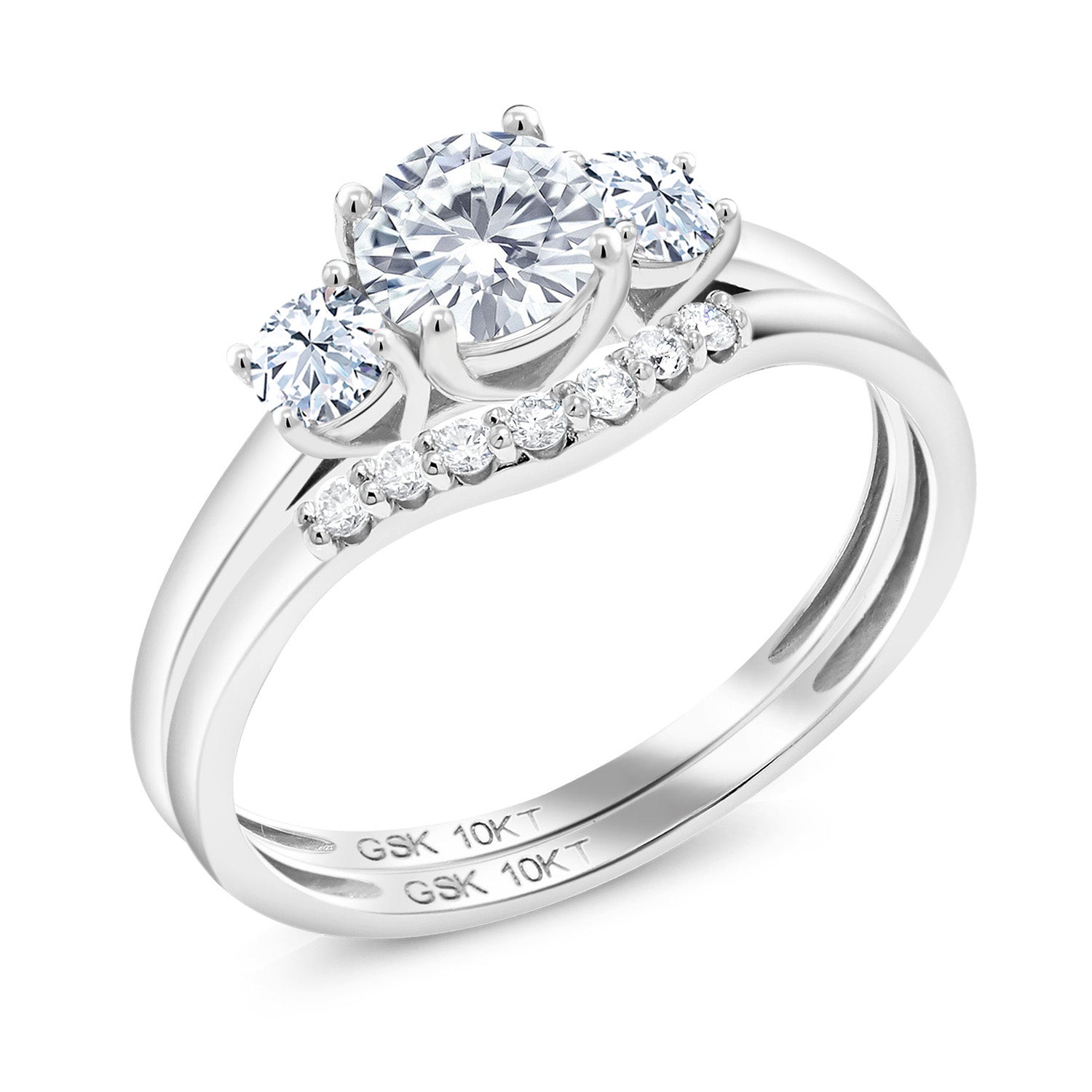 10K White Gold MoissaniteWhite Created Sapphire and Lab Grown Diamond 3-Stone Bridal Engagement Wedding Ring Set For Women | 0.83 Cttw | Available in Size 5,6,7,8,9