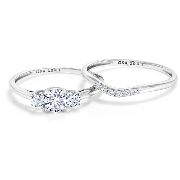 10K White Gold MoissaniteWhite Created Sapphire and Lab Grown Diamond 3-Stone Bridal Engagement Wedding Ring Set For Women | 0.83 Cttw | Available in Size 5,6,7,8,9