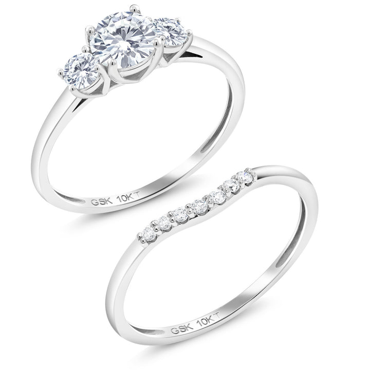 10K White Gold Forever Classic Moissanite and White Lab Grown Diamond 3-Stone Bridal Engagement Wedding Ring Set For Women (0.74 Cttw, , Round 5MM, Available in Size 5,6,7,8,9)